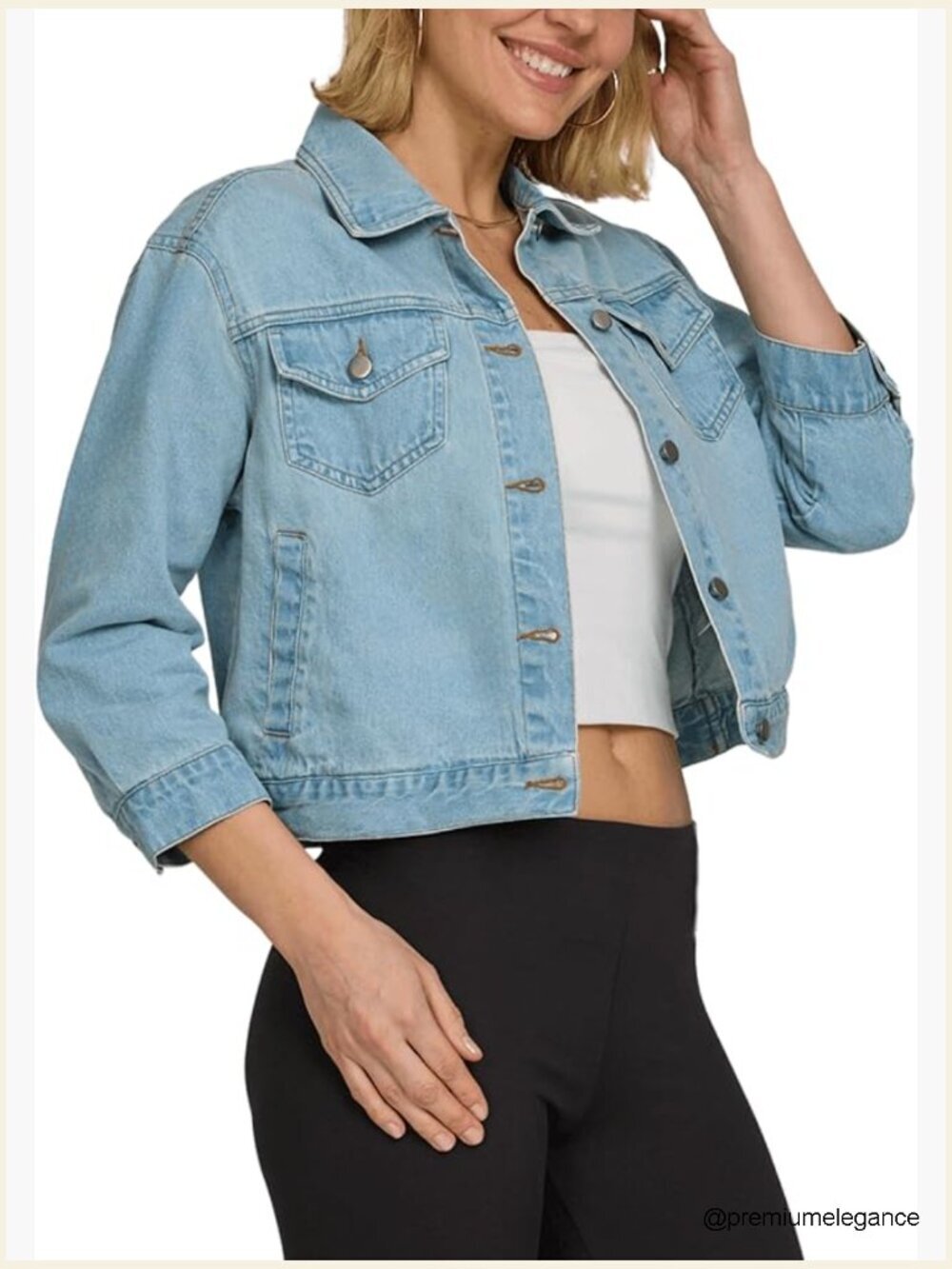 3/4 Sleeve Cropped Denim Jacket with Button Front and Pockets